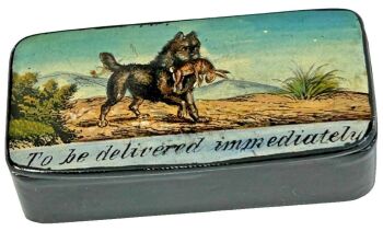 Antique 19th Century Snuff Box Dog Rabbit papier mache