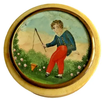 Antique 19th Century Snuff Box Boy with top painted painting under glass bovine