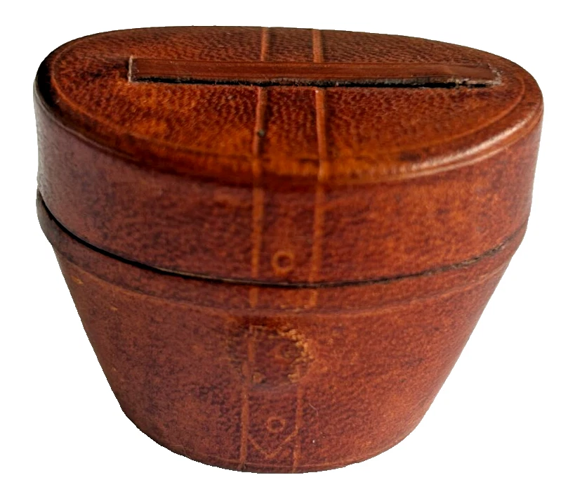 Antique novelty top hat box travelling inkwell leather push button