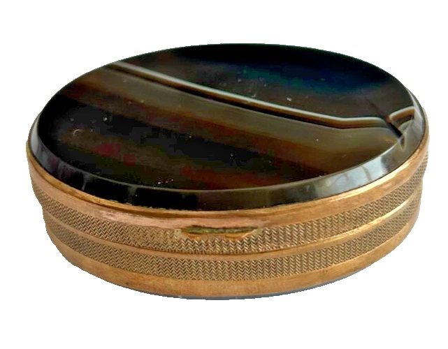 Antique 19th Century pocket Snuff Box banded agate grand tour gilded