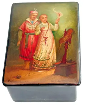 Antique papier mache Russian box fairy tale signed Palekh
