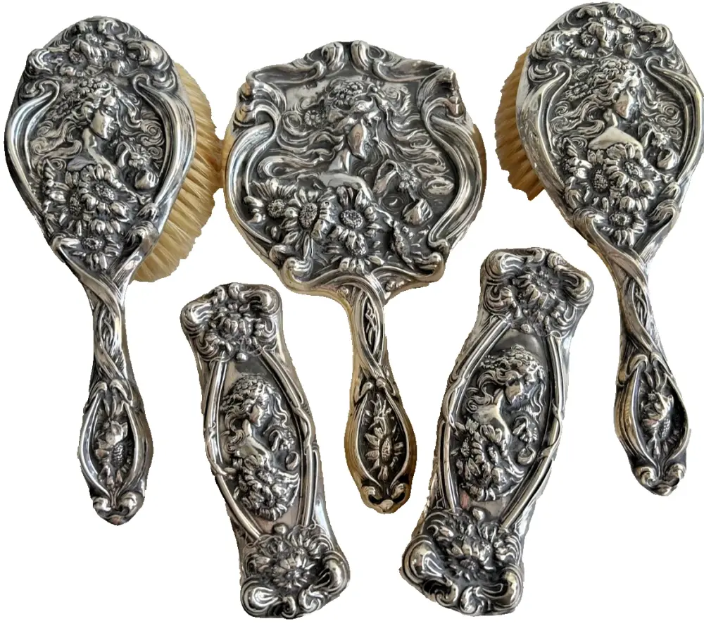 Antique Art Nouveau sterling silver mirror brush set Edwardian 1903 hallmar