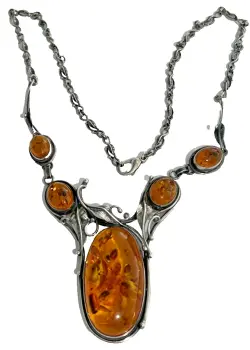 A Vintage large Sterling silver Baltic Amber Art Nouveau style necklace