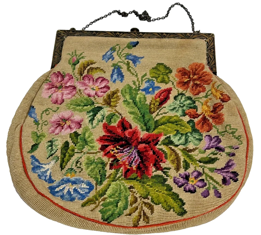 Antique Vintage petit point needlework embroidered tapestry purse floral