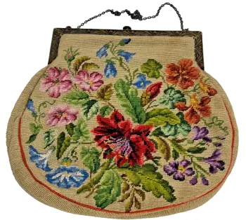 Antique Vintage petit point needlework embroidered tapestry purse floral