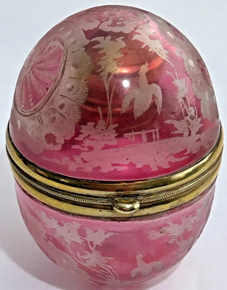 Antique Moser etched engraved cranberry glass perfume scent bottle egg