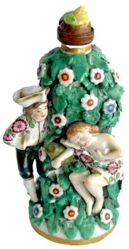 Antique figural porcelain perfume scent bottle Chelsea gold anchor mark