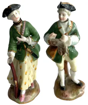 Antique figural porcelain perfume scent bottle Chelsea Bow ? pair