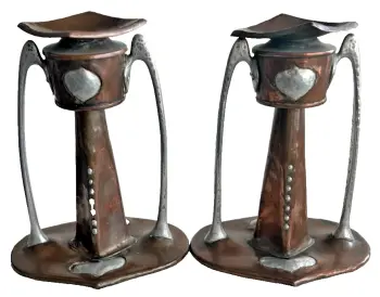 A pair of Antique Arts & Crafts copper pewter candlesticks A E Jones