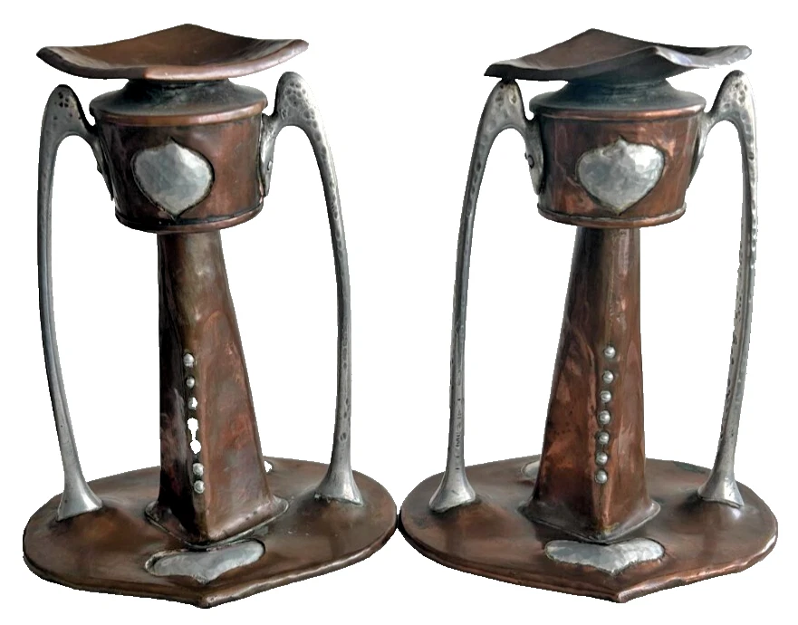 Antique Arts & Crafts copper pewter candlesticks