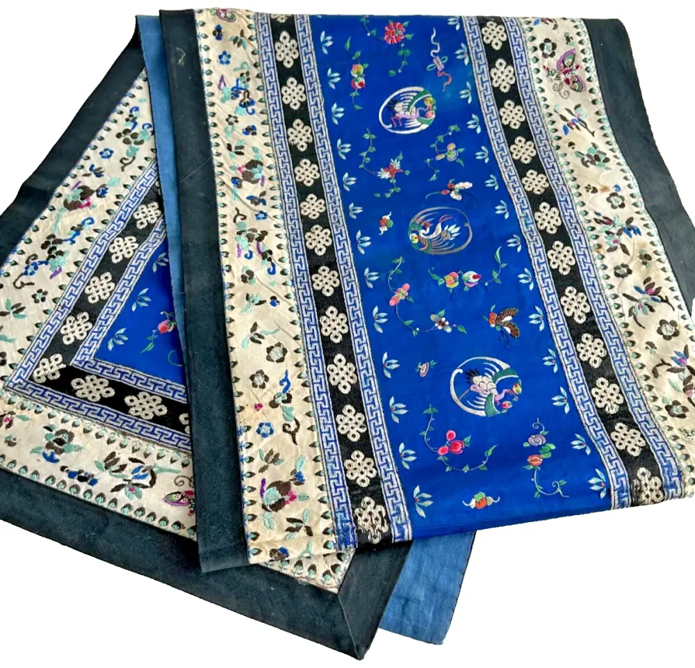 Antique Qing Dynasty Blue silk embroidered large runner fabric material