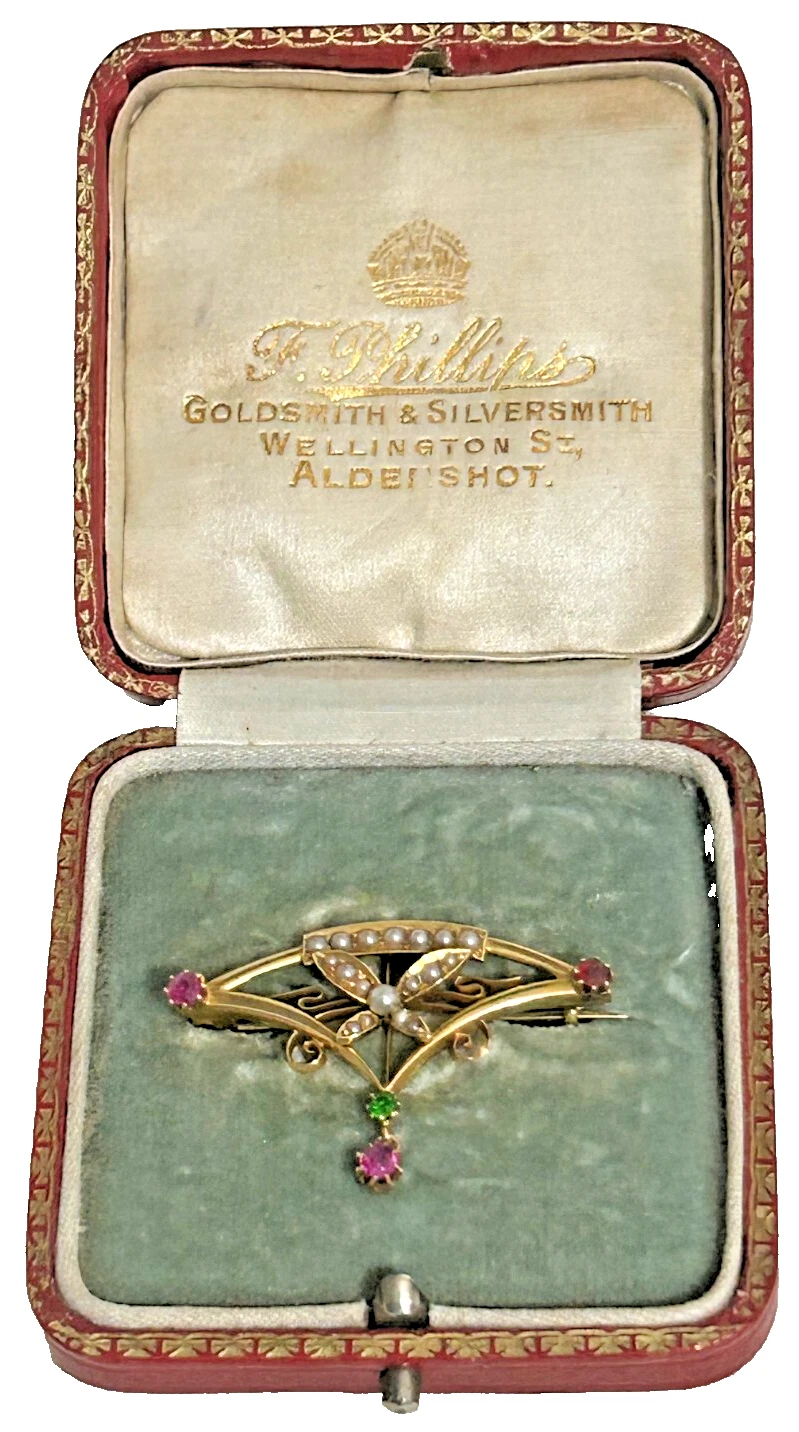Antique 15ct gold Suffragette Art Nouveau brooch Pearl Peridot Topaz