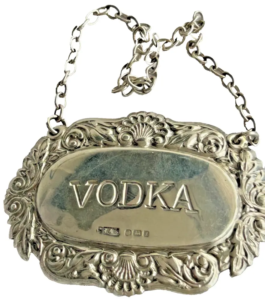 Vintage Hallmarked Sterling Silver Vodka Wine Decanter Bottle Label