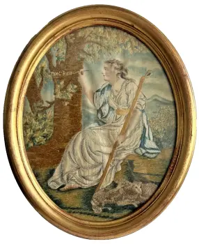 An Antique needlepoint embroidery on painted silk Shepherd original frame picture