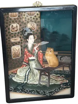 Antique reverse painting on glass Chinese embroidered robe ornaments cat