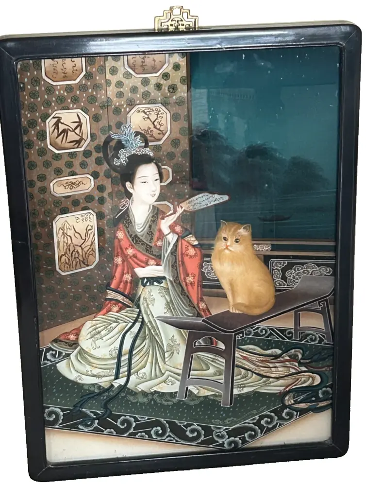 Antique reverse painting on glass Chinese embroidered robe ornaments cat