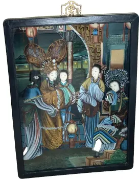 Antique reverse painting on glass Chinese embroidered robe ornaments