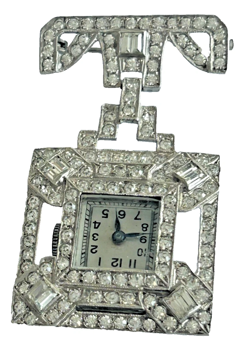 Antique Art Deco sterling silver paste watch brooch pin