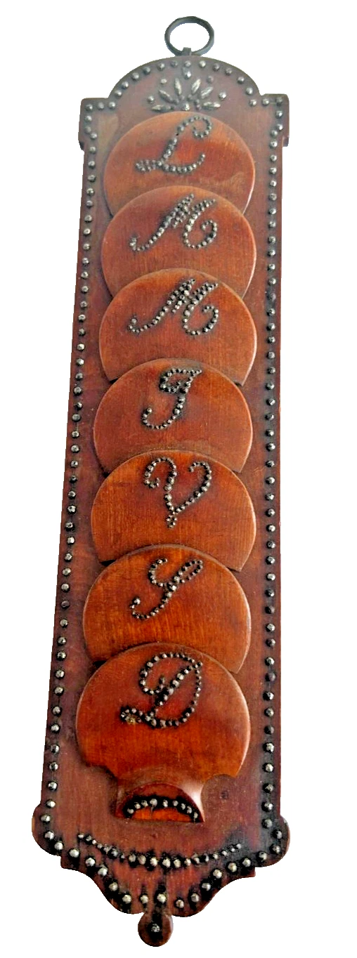 Antique carved wood wooden treen Victorian French letter rack cut steel