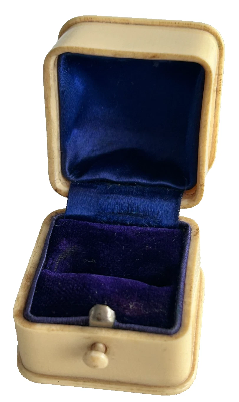 Antique jewellery display ring box Celluloid Ivorine blue velvet & Silk int
