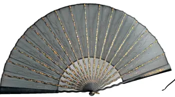 Antique black gauze fan with gilded recessed gold flower carved wood sticks