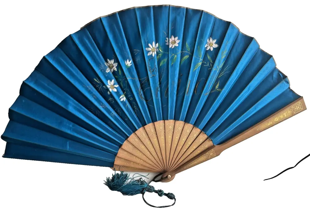 Antique Victorian blue silk fan with gilded carved wood sticks Daisys Elvir