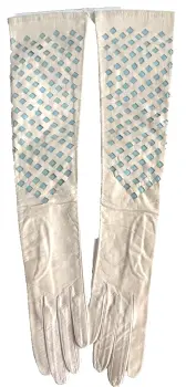 Antique early 20th Century white kid leather blue satin insets evening gloves