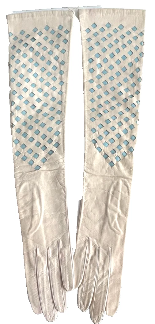 Antique early 20th Century white kid leather blue satin insets evening glov