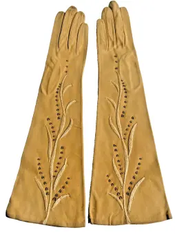Antique early 20th Century pale mustard kid leather beaded evening gloves