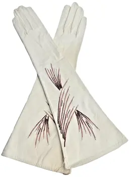 Antique early 20th Century White Art Deco Embroidered kid leather evening gloves
