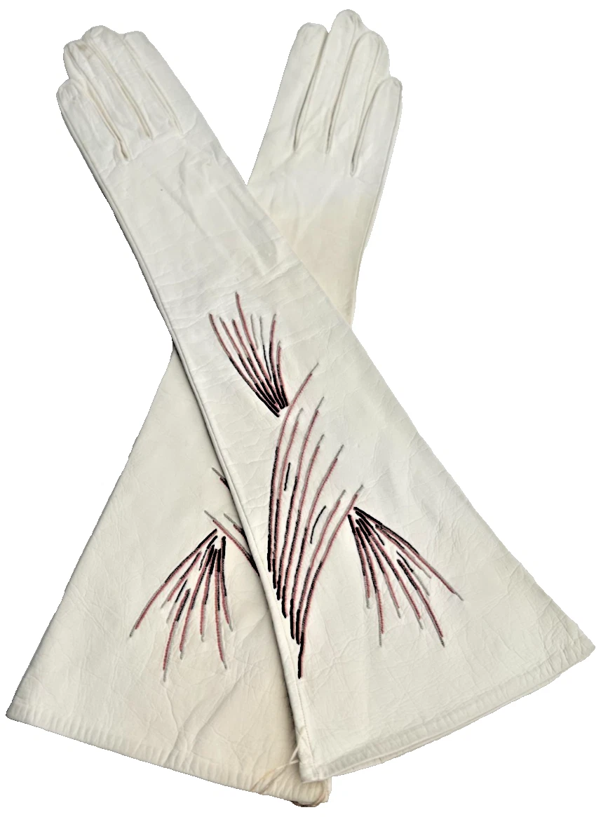 Antique early 20th Century White Art Deco Embroidered kid leather evening g