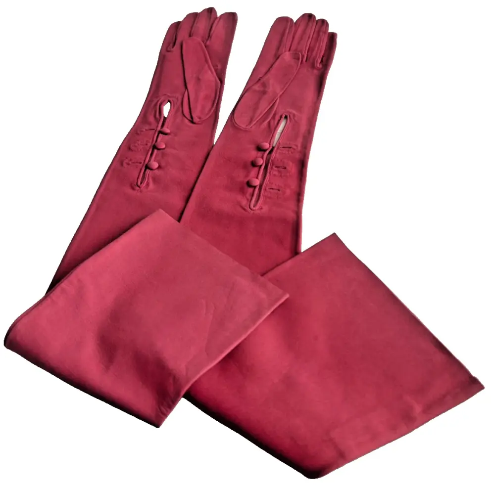 Antique early 20th Century raspberry pink kid leather extra long evening gl