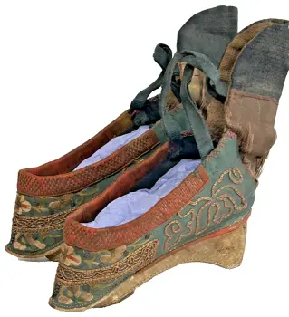 A pair of Antique embroidered Chinese Lotus Shoes Bound foot feet pale blue gold thread