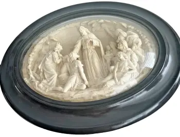 Antique carved Meerschaum Religious plaque under glass Jesus Curing the sick