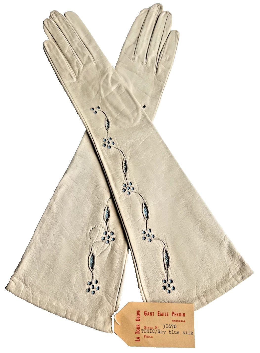 Antique 1930s white kid leather blue silk Emile Perrin French gloves