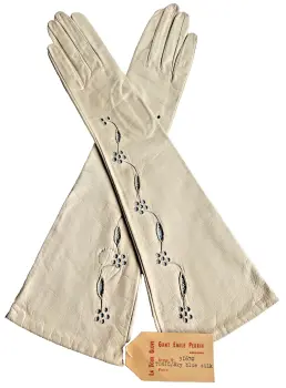 Antique 1930s white kid leather blue silk Emile Perrin French gloves