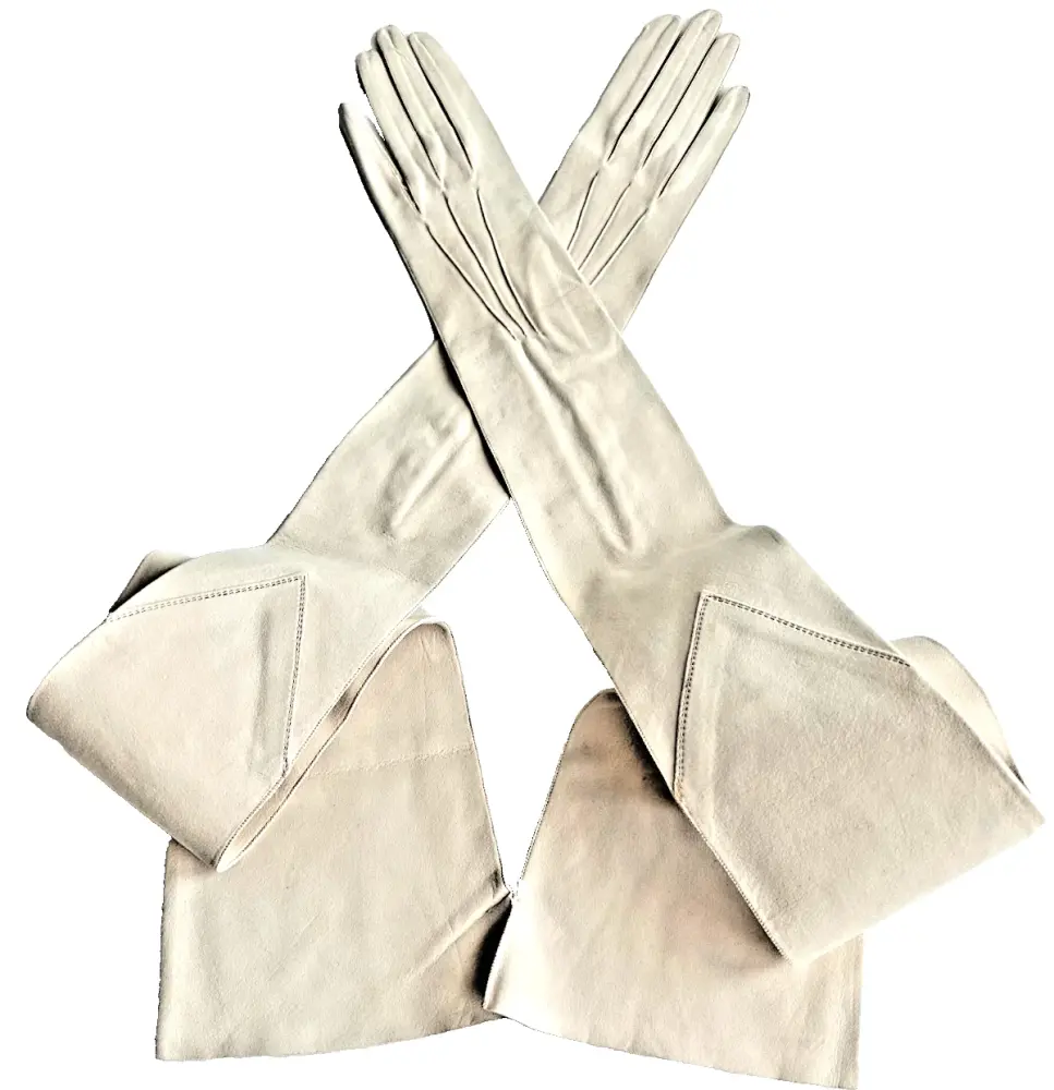 Antique 1930s rich cream colour kid leather extra long evening gloves