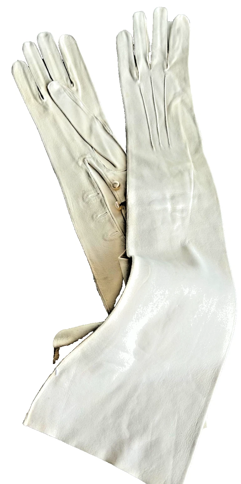 Antique 1930s cream colour kid leather long evening gloves pearl col button