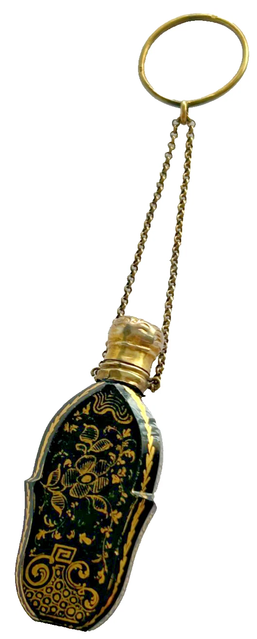 Antique Georgian black gilded glass perfume scent bottle sterling silver gi