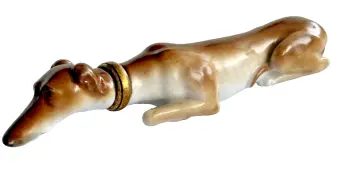 Antique 19th century novelty Ceramic Scent Perfume bottle Bodkin case greyhound
