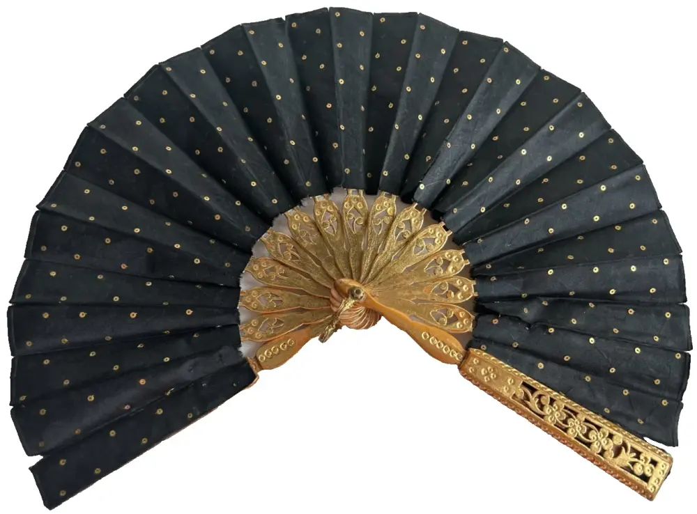 Antique Edwardian black gold sequins fan carved sticks gilded
