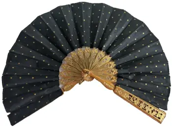 Antique Edwardian black gold sequins fan carved sticks gilded