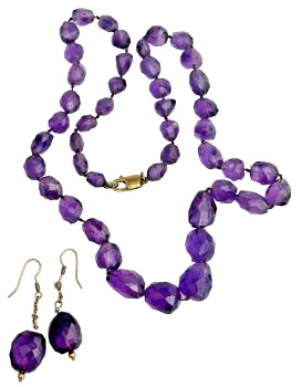 9ct gold clasp raw faceted Amethyst bead necklace & earrings