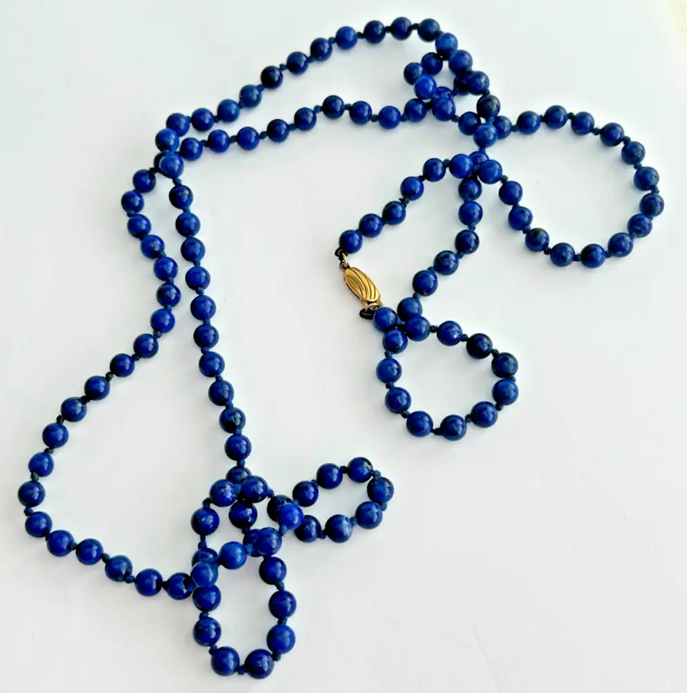 vintage 9ct gold clasp long string Lapis Lazuli bead necklace