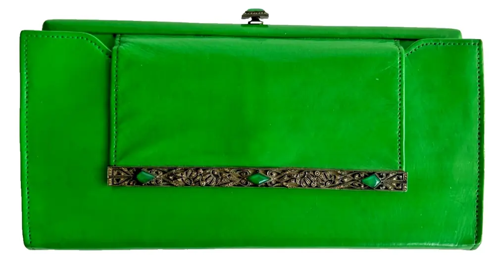 Art Deco grass green leather clutch purse silver marcasite Chalcedony clasp