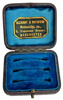 Antique jewellery triple brooch pin display box Ollivant Botsford Manchester