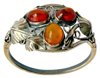 A Sterling silver Arts & Crafts Cabochon Baltic Amber bangle bracelet 925 German ?