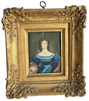Antique early 19th century portrait lady painting in carved gesso gilded frame