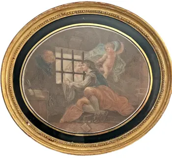 Antique Georgian lovers romantic Bartolozzi engraving print gilded wooden frame