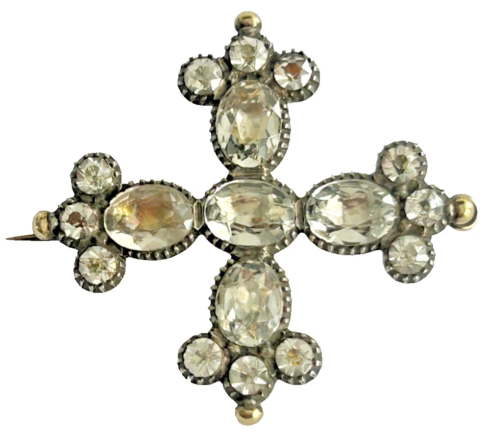 A Antique Georgian brooch pin cross pendant rock crystal paste gold silver 